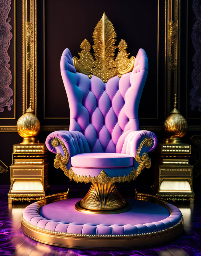 Royal Purple Throne with Golden Crown Motif and Lamps on Dark Background