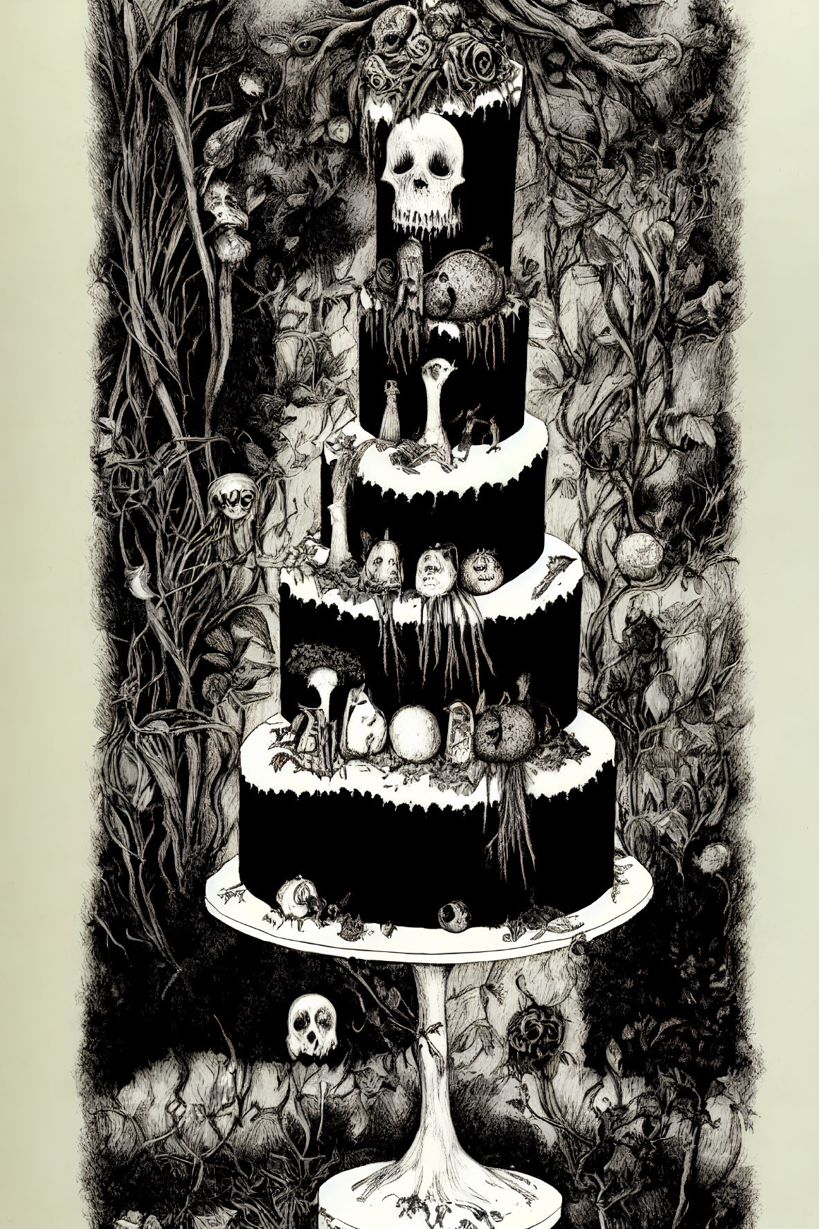 Gothic-style four-tiered cake with skulls, candles, and intricate foliage