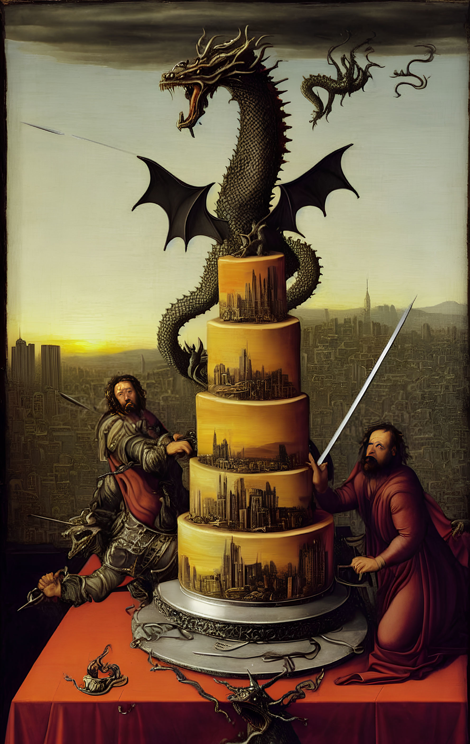 Medieval-themed men cutting cityscape cake with dragon