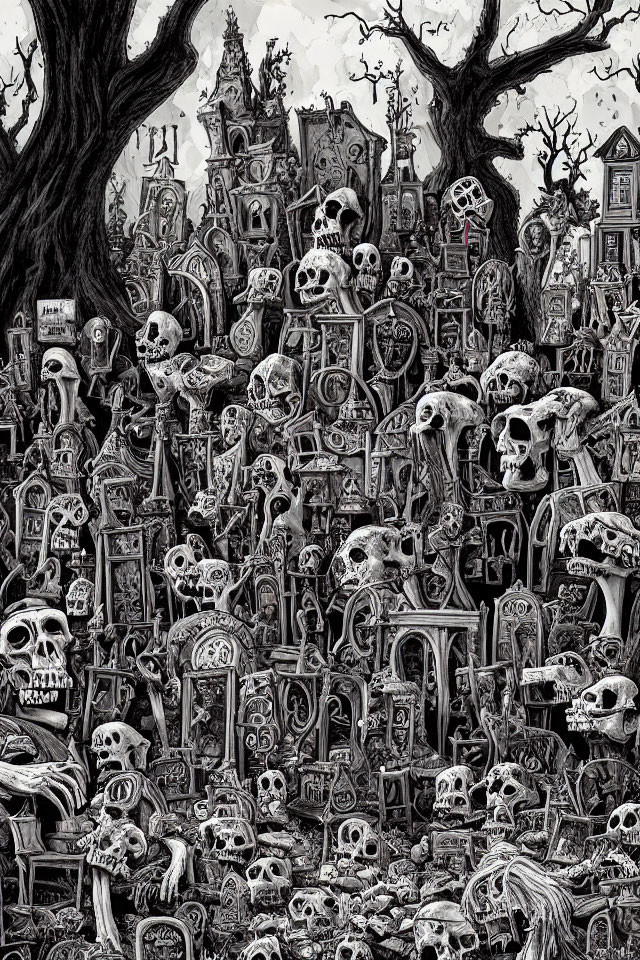 Monochromatic illustration of skulls, bones, haunted house, and twisted trees.