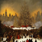 Stylized painting of bustling winter scene with period attire, tree, and tall buildings