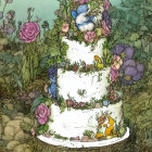 Colorful Flower and Bird Adorned Forest Cake with Animal Observers