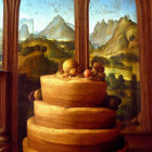 Golden brown tiered cake with nuts and egg on mountain backdrop