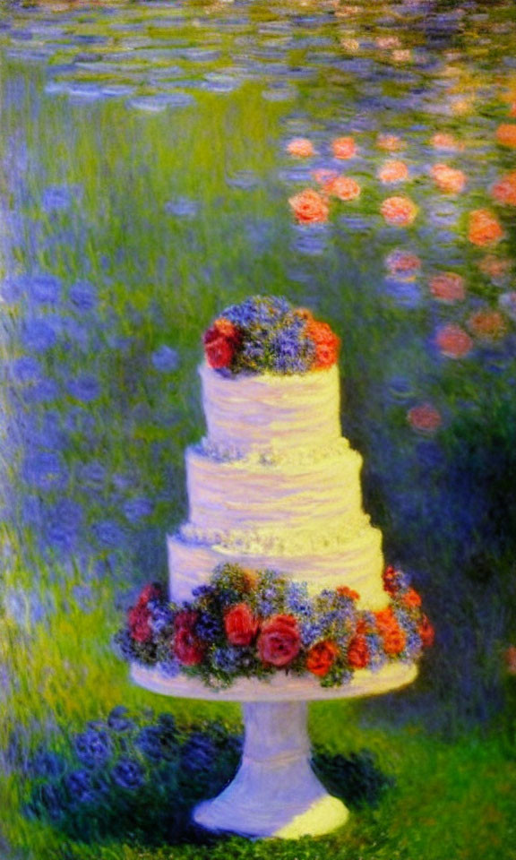 Colorful Flower Adorned Three-Tiered White Cake on Stand