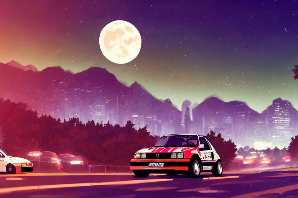 Retro-styled red and white car illustration under full moon with purple city skyline