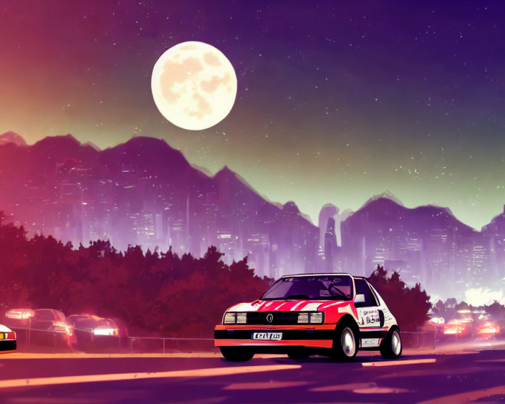 Retro-styled red and white car illustration under full moon with purple city skyline