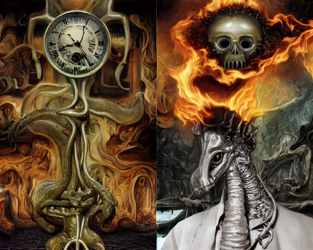 Surreal collage with melting clock tree, fiery skull, smoking seahorse, and Victorian dragon