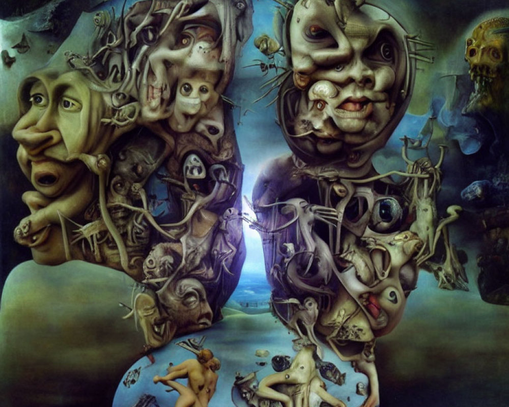 Surreal painting of distorted faces and figures in dreamlike landscape