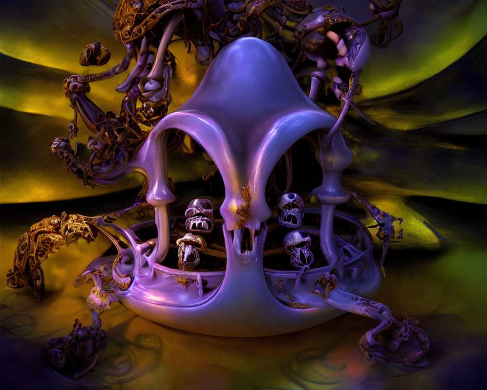 Surreal artwork with skull-like form, violet glow, abstract swirls, and metallic structures