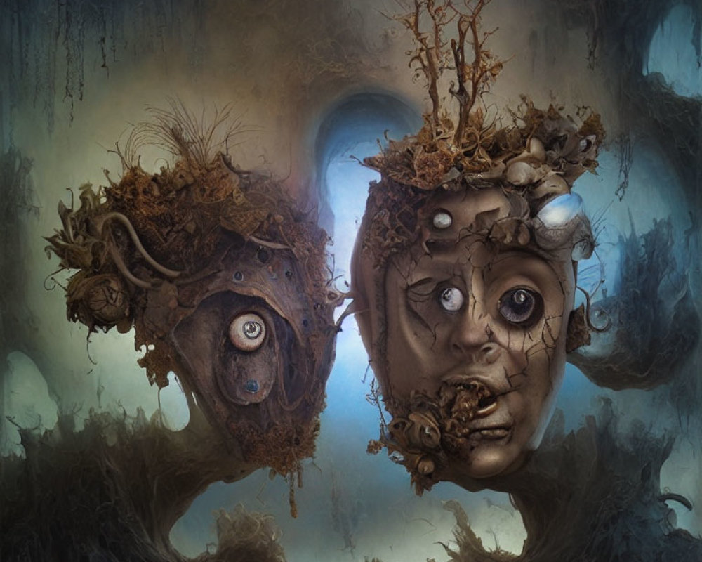 Surreal Artwork: Two Faces, Decomposing with Wildlife, Stunned Against Moody Backdrop