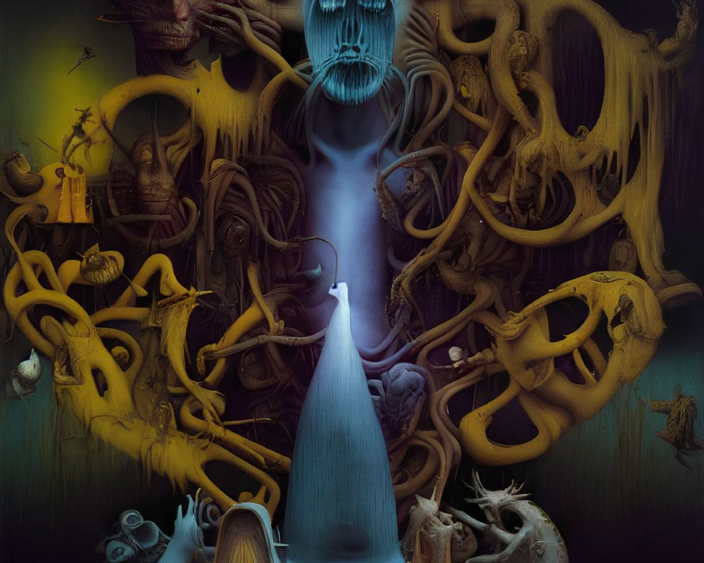 Dark surreal painting with blue figure, twisted roots, bizarre creatures, haunting faces.