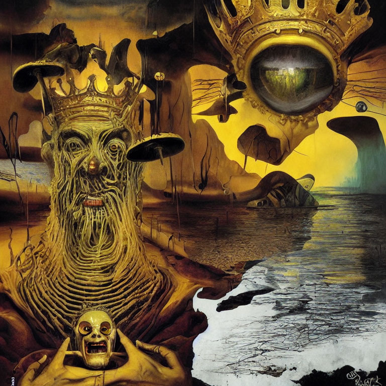 Surrealist artwork: crowned figure, multiple eyes, eerie landscape.