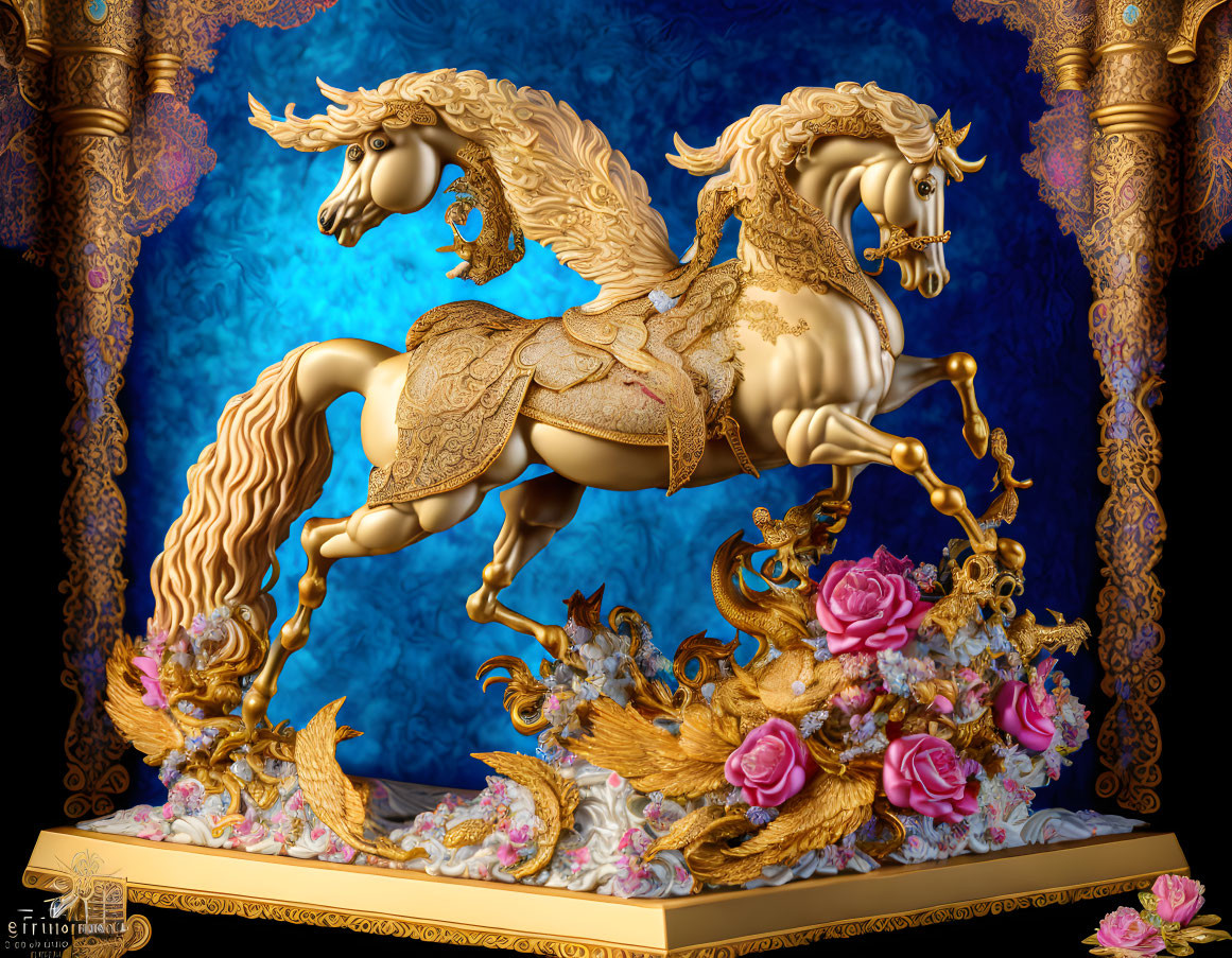 Golden sculpture of two galloping horses with floral and wave motifs on blue background