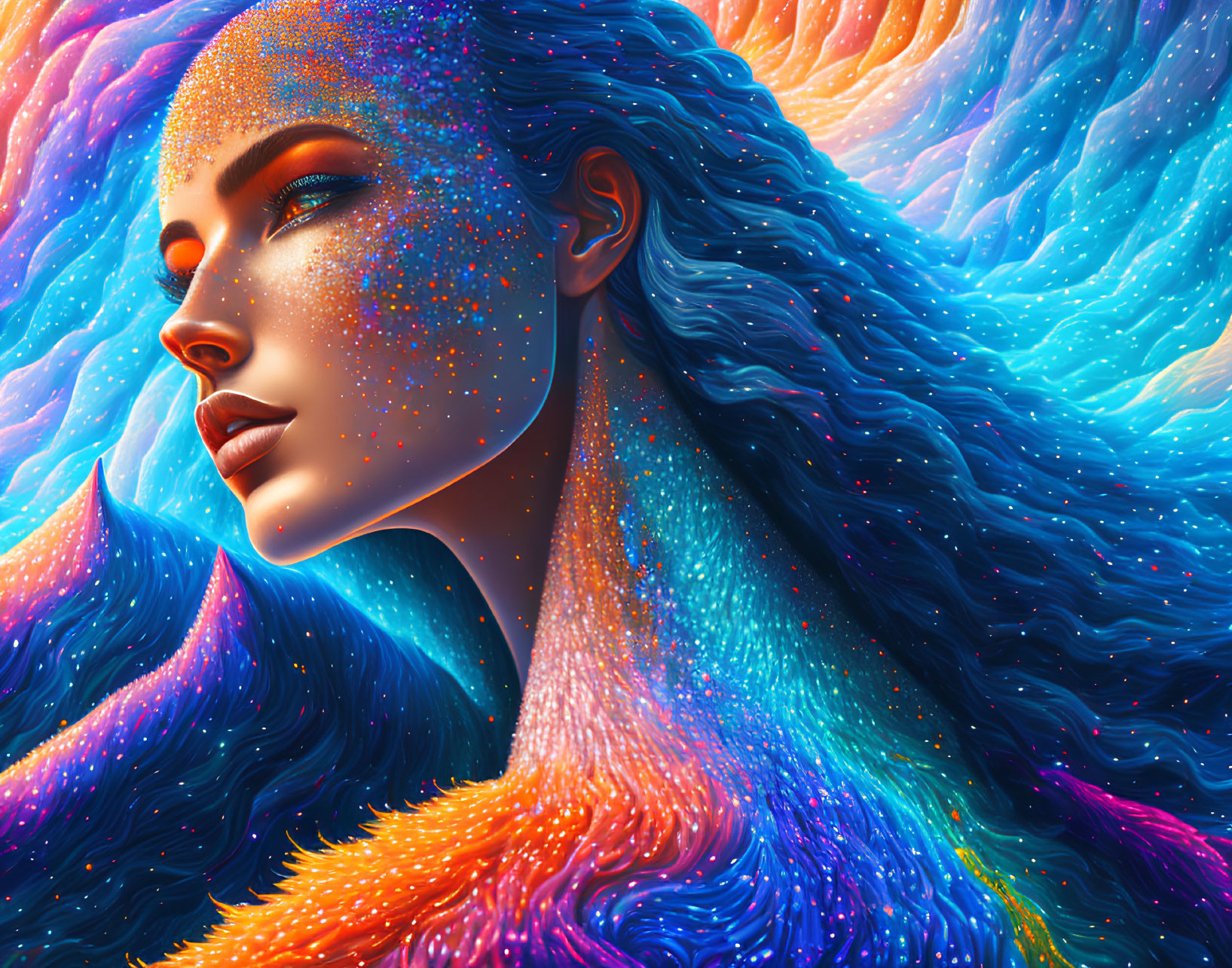 Colorful digital artwork of woman with cosmic hair in celestial setting