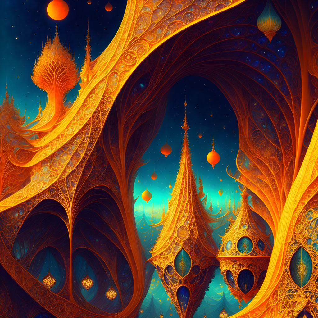 Vibrant fantasy landscape with golden structures, ornate trees, and floating lanterns