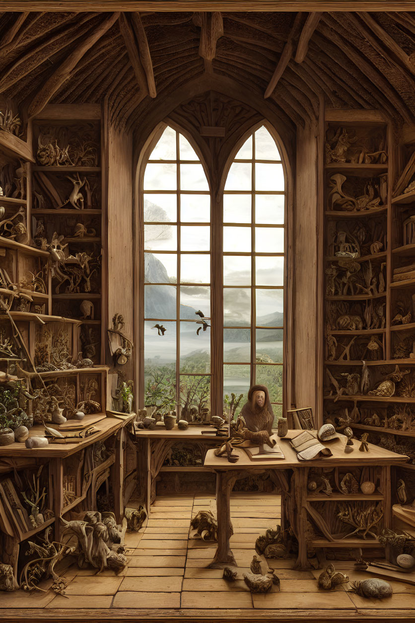 Wooden study with bookshelves and artifacts, Gothic window view.