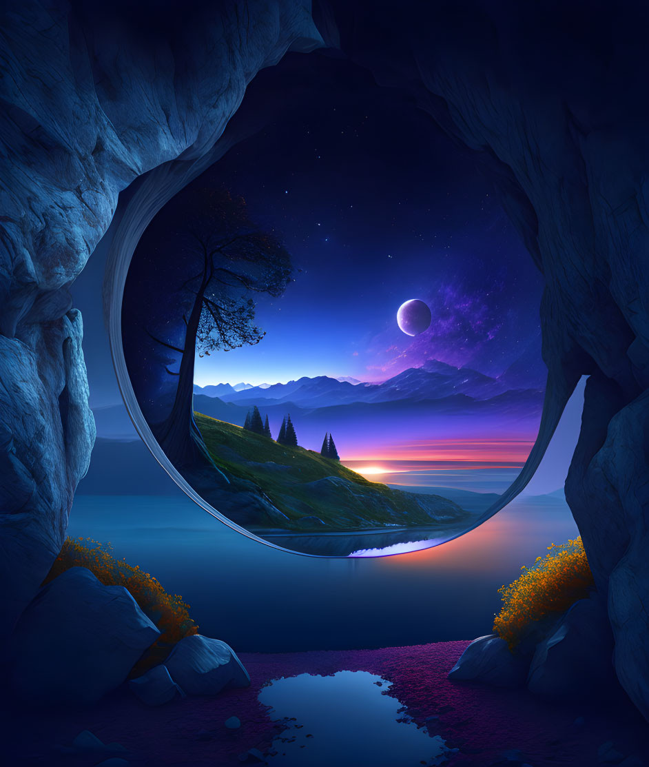 Surreal cave opening with vibrant night scene, tree silhouette, mountains, starry sky, cres