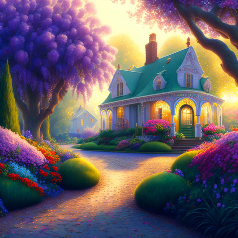 Cozy cottage surrounded by lush gardens and vibrant flowers at dusk