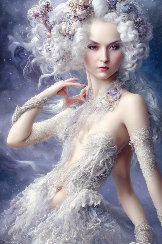 Ethereal woman in baroque wig and gown on starry backdrop