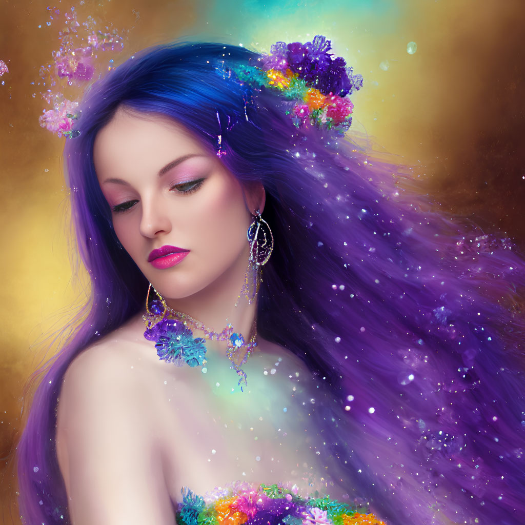 Vibrant digital artwork of woman with purple hair and cosmic flowers on golden background