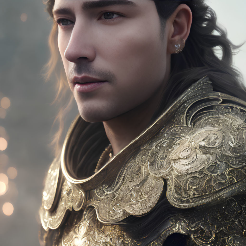 Man in Long Hair in Ornate Golden Armor on Misty Battlefield