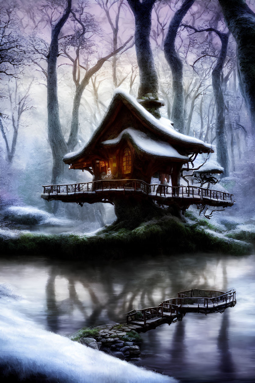 Snow-covered treehouse in mystical winter forest by icy stream