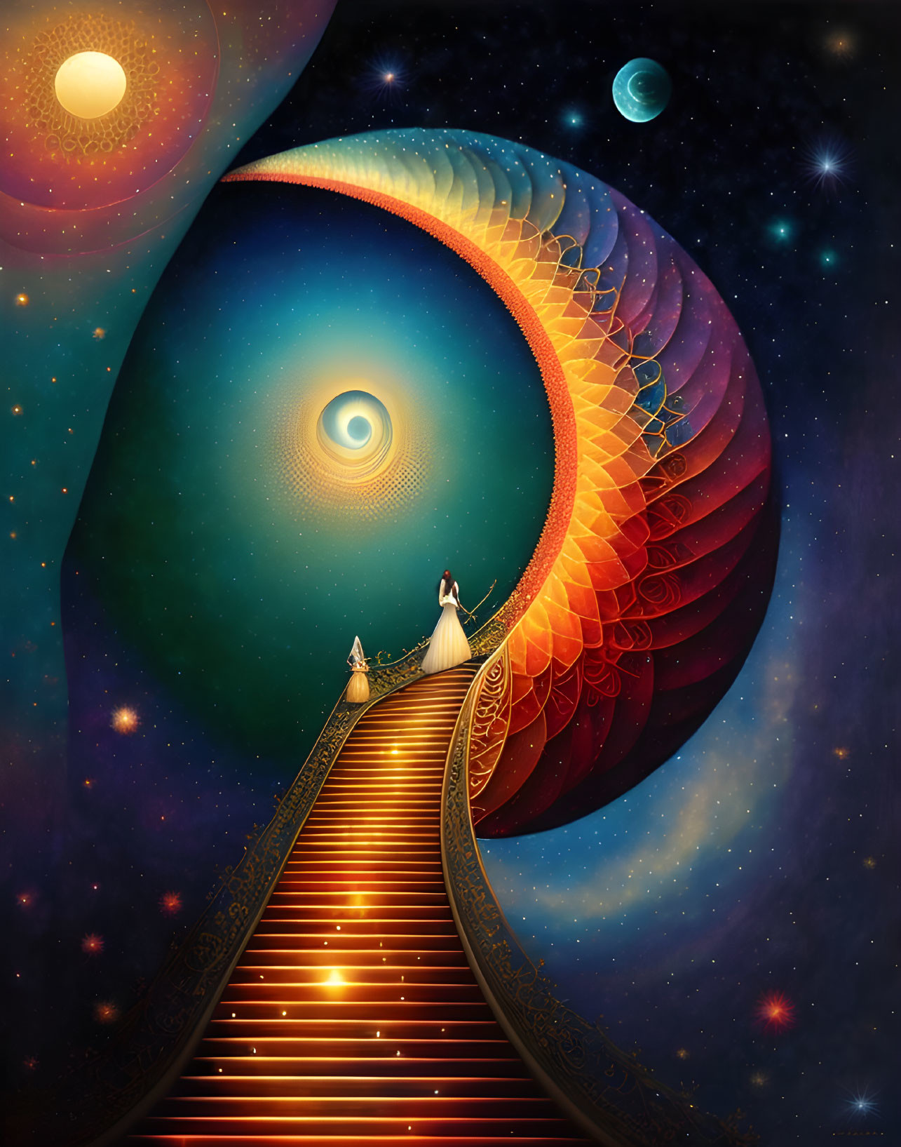 Person ascending vibrant spiral staircase with cats in celestial realm.