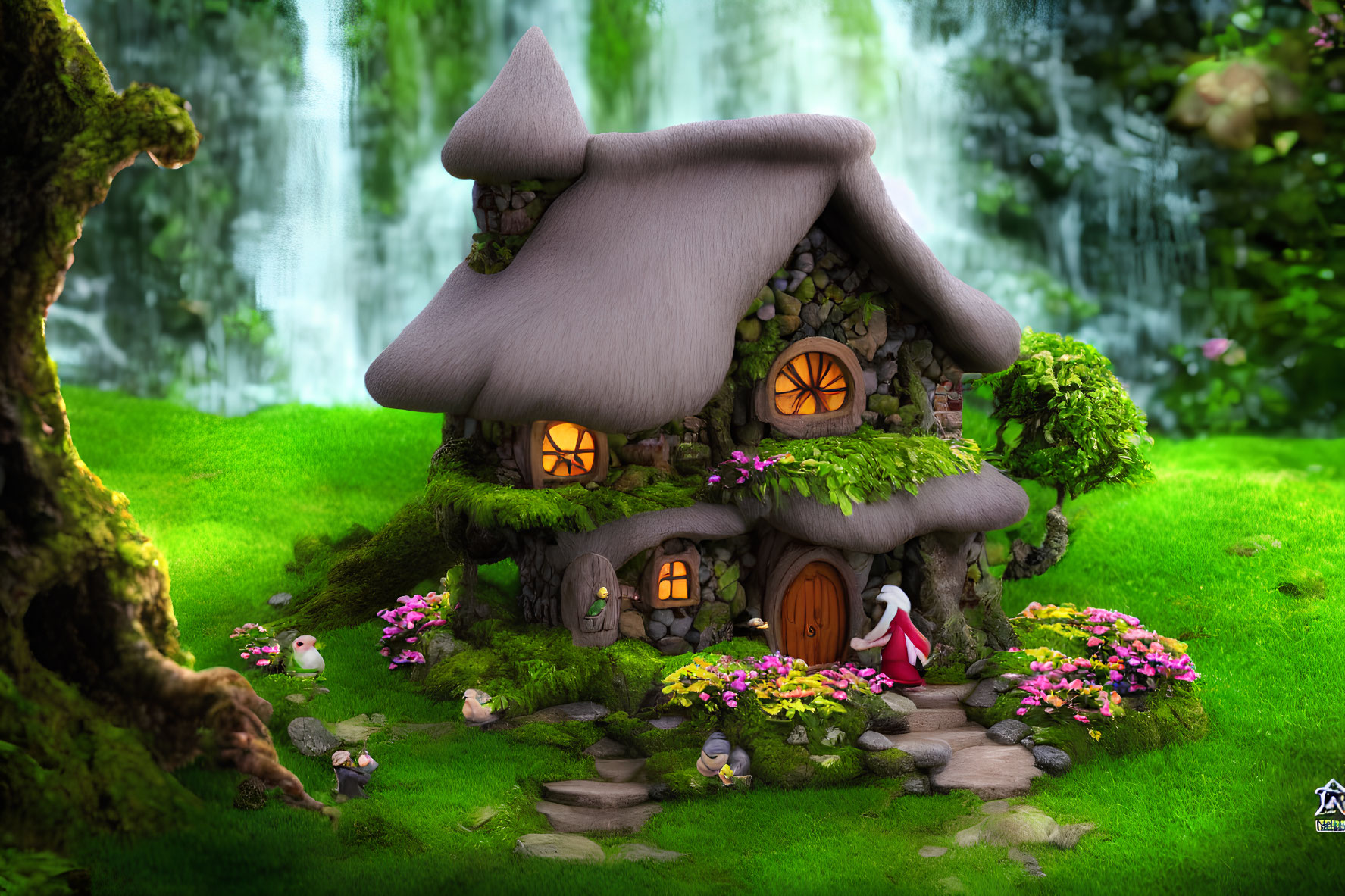 Enchanting fairy-tale cottage by waterfall with figure in red cloak