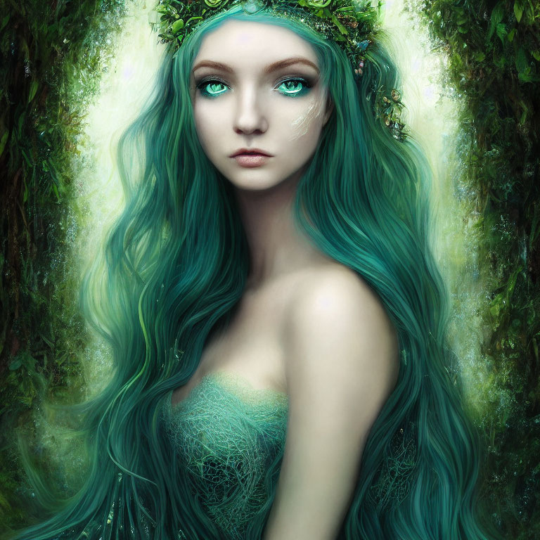 Teal-haired woman portrait with green wreath and mystical forest background