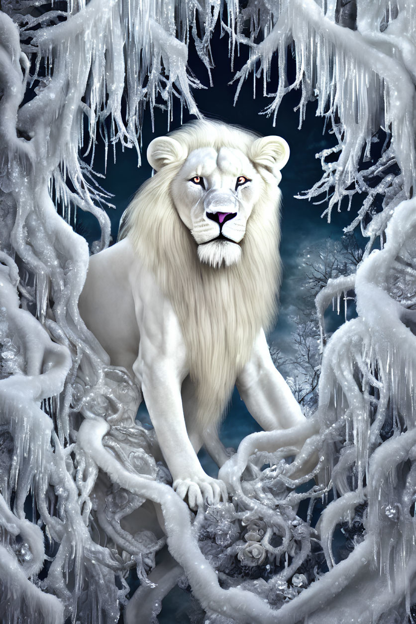 White lion in icy landscape with sharp icicles and chilling atmosphere