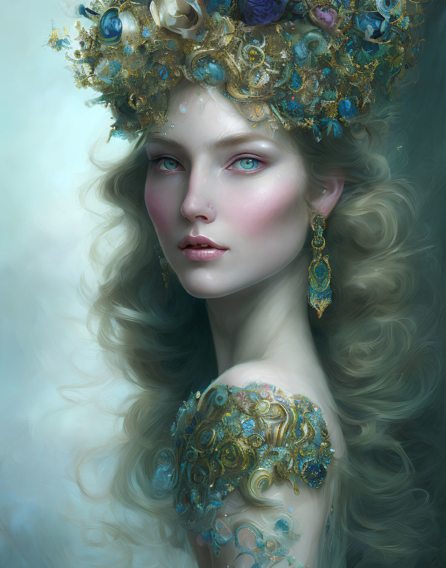 Ethereal woman with wavy hair and golden crown in misty setting