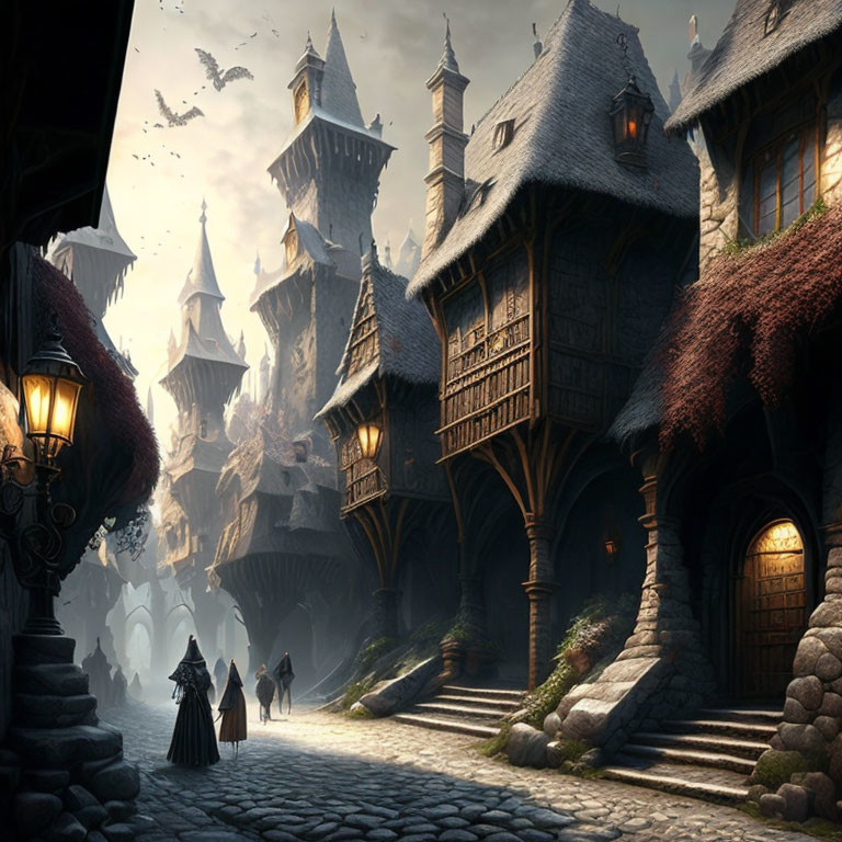 Medieval Village Street with Cobblestones and Flying Creatures