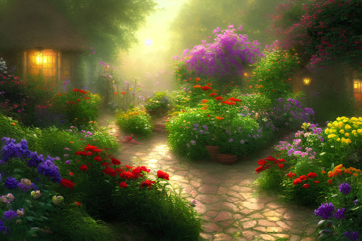 Twilight cottage garden with vibrant flowers and cobblestone path