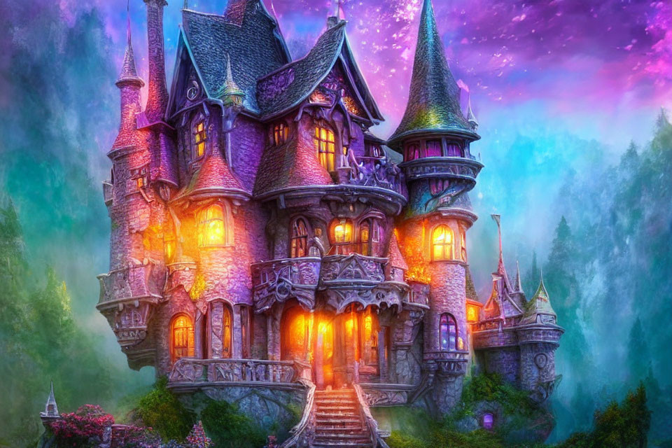 Purple castle in misty forest with glowing windows under pink and blue sky