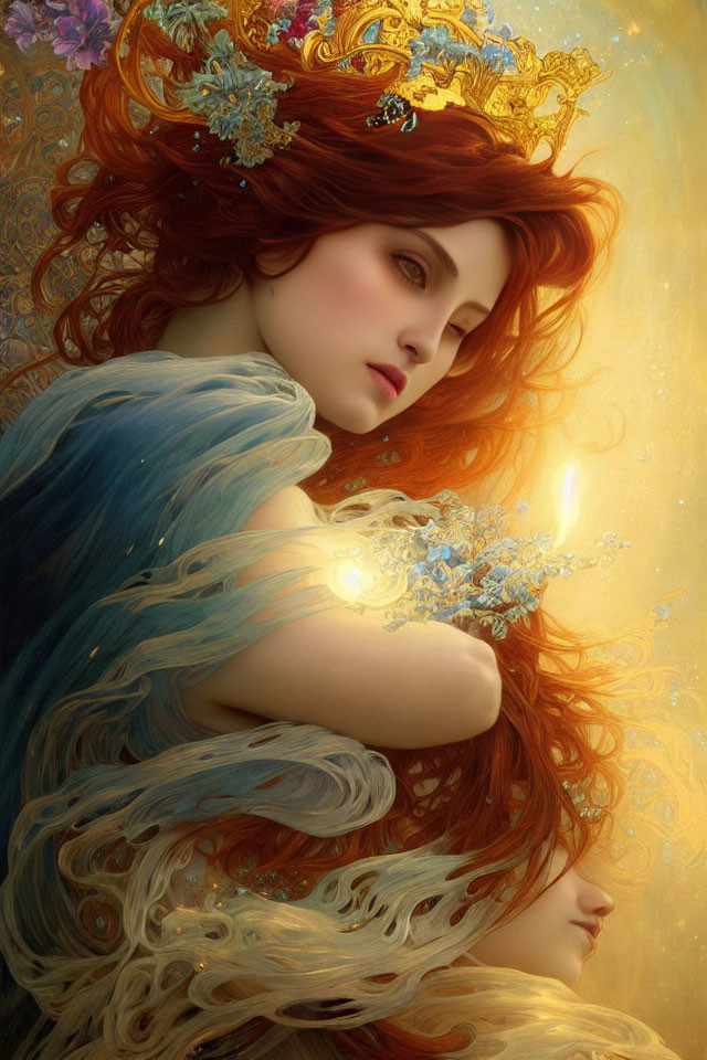 Fantasy illustration of woman with red hair, golden crown, blue cloak, and glowing light.