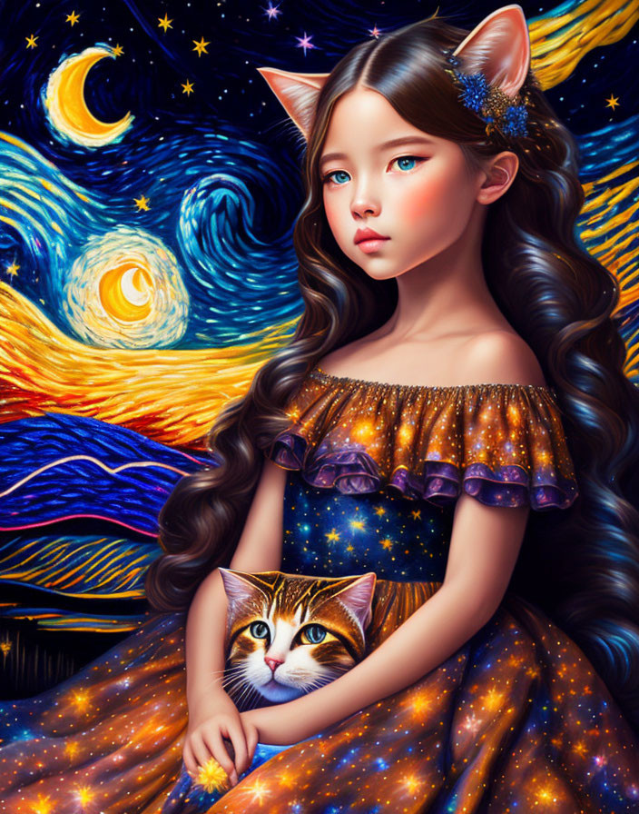 Girl with Cat-like Ears Holding Cat in Galaxy Dress with Starry Night Background