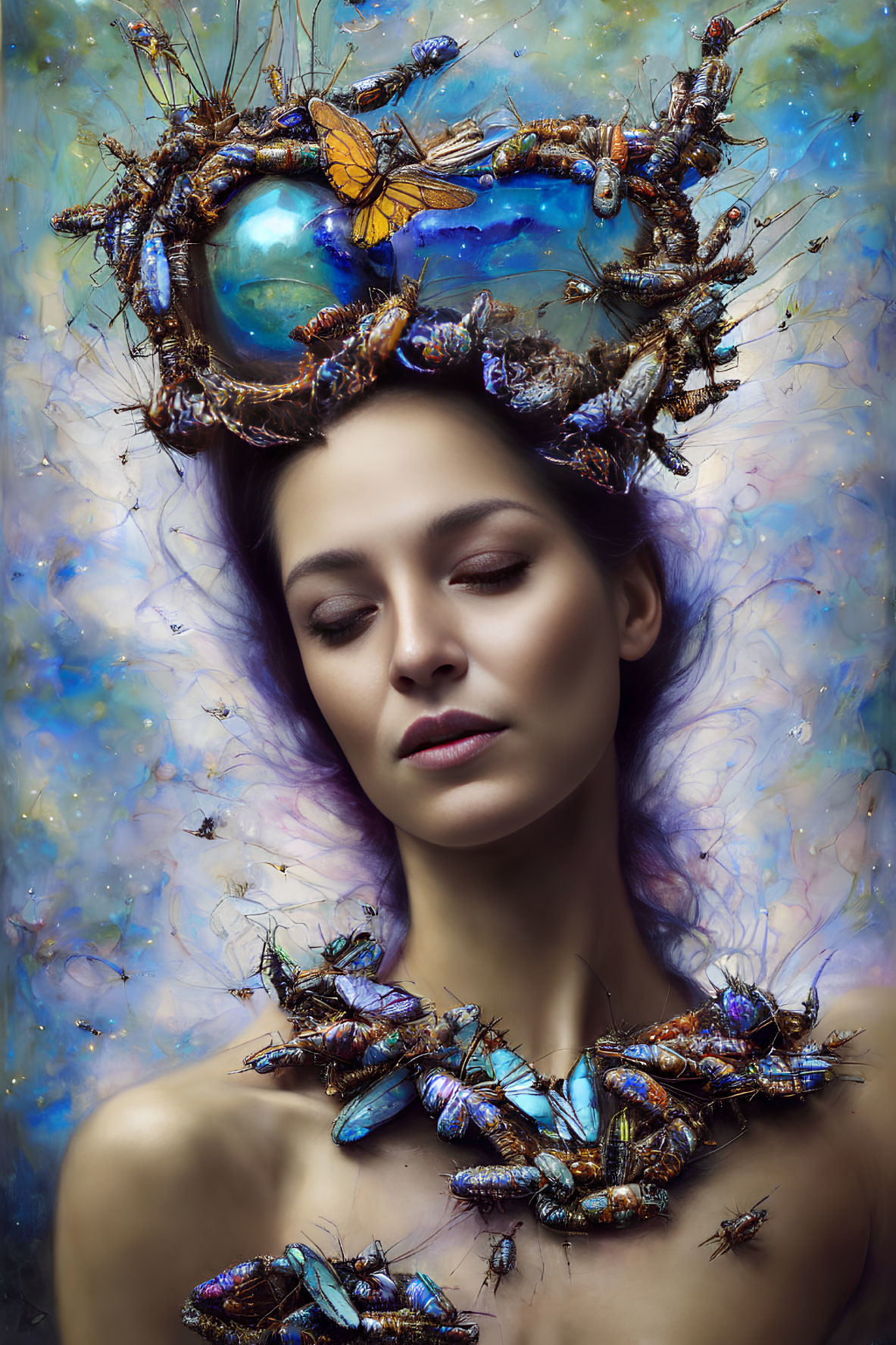 Serene woman with iridescent beetle crown and necklace on colorful backdrop