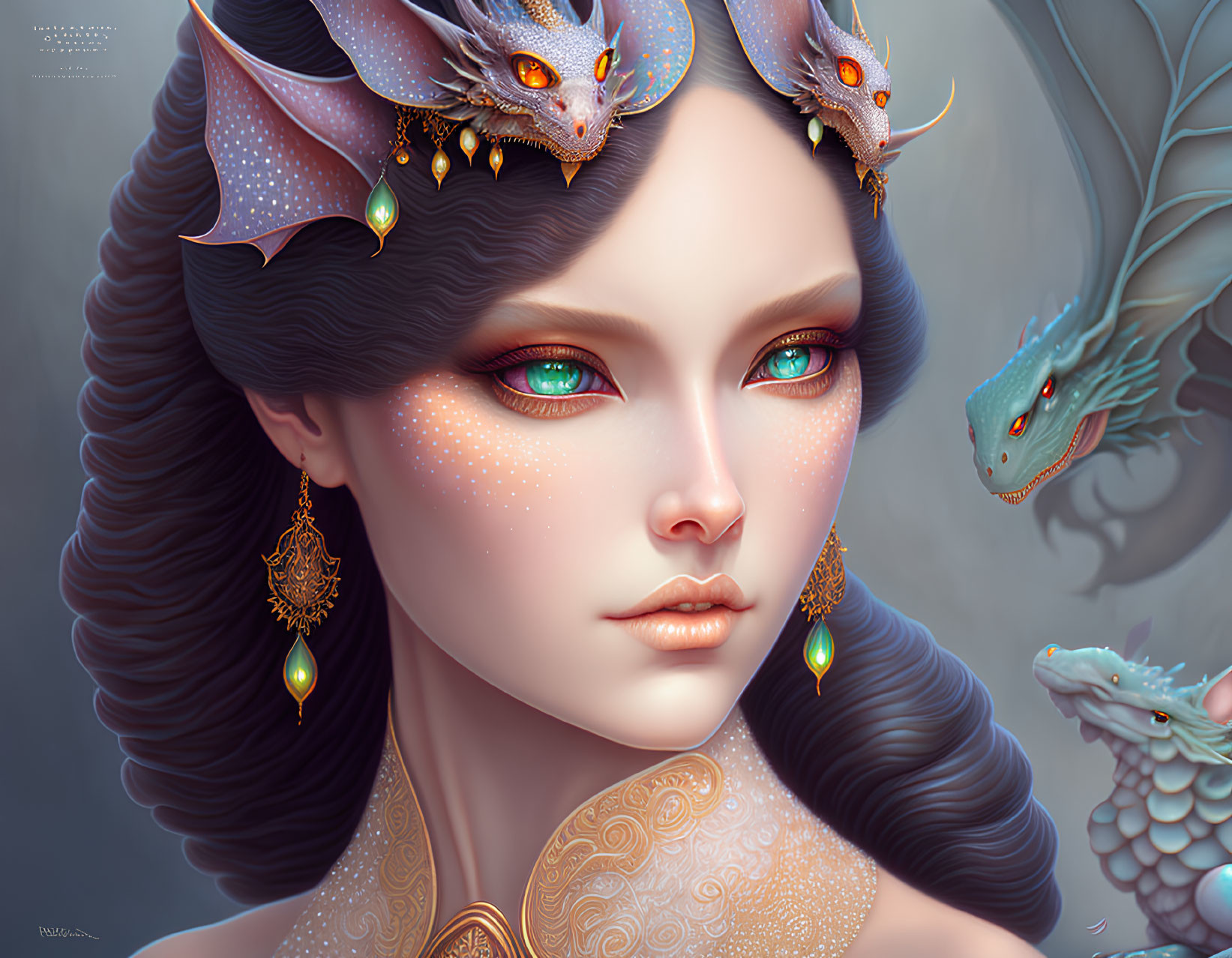 Digital artwork: Woman with dragon-like features and small dragons, vibrant green eyes, gold earrings.