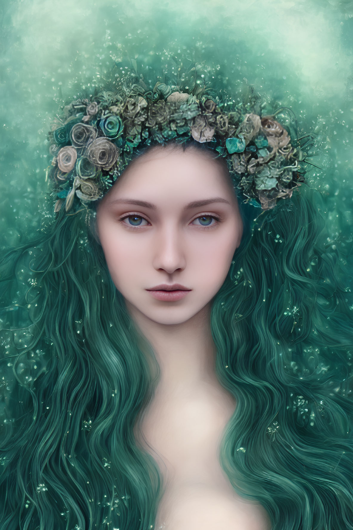 Vivid green-haired woman with floral crown on soft green background