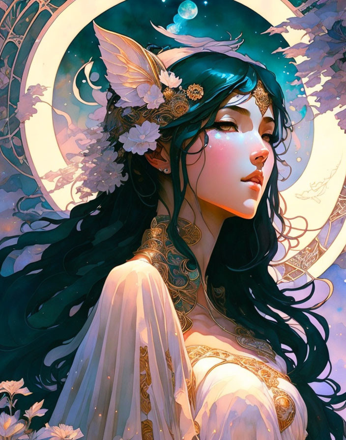 Ethereal woman with elfin features and golden halo in floral headpieces.