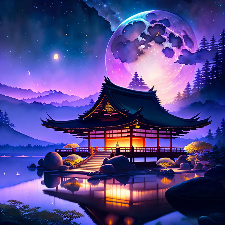 Traditional Japanese Pagoda by Reflective Lake Under Starry Sky with Large Moon