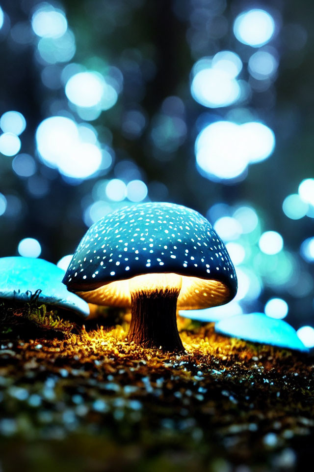 Spotted cap illuminated mushroom in dark forest landscape