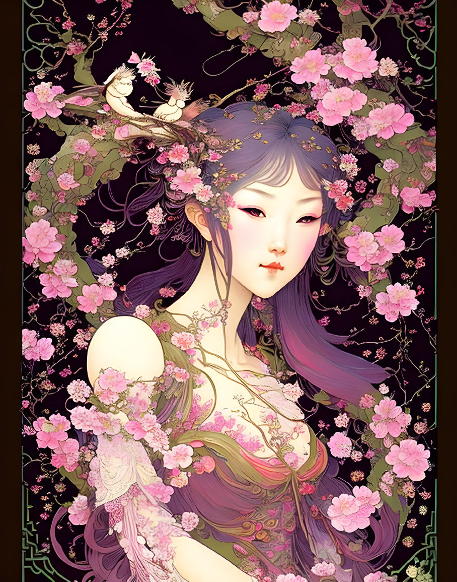 Illustrated woman with purple hair and pink blossoms on dark background