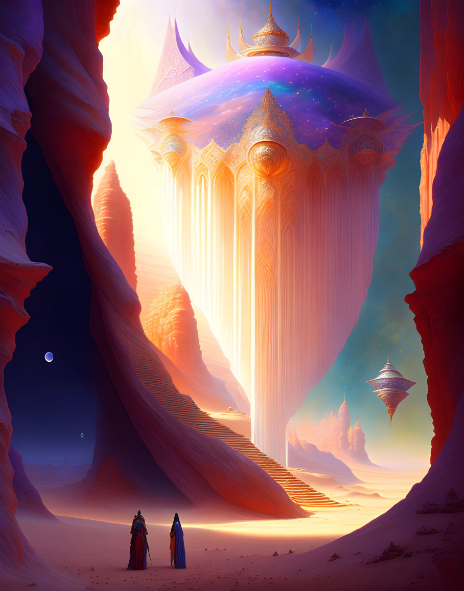 Vibrant alien desert scene with towering fantasy structure