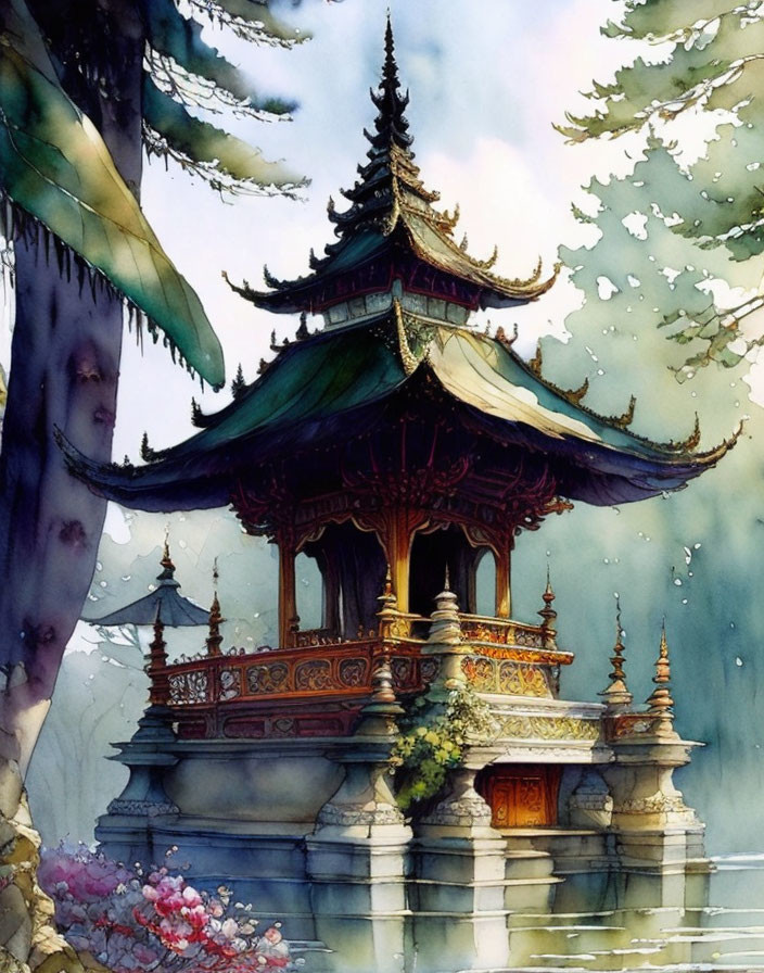 Traditional Asian-style pagoda by calm waters with blooming flowers and icicles in serene, misty