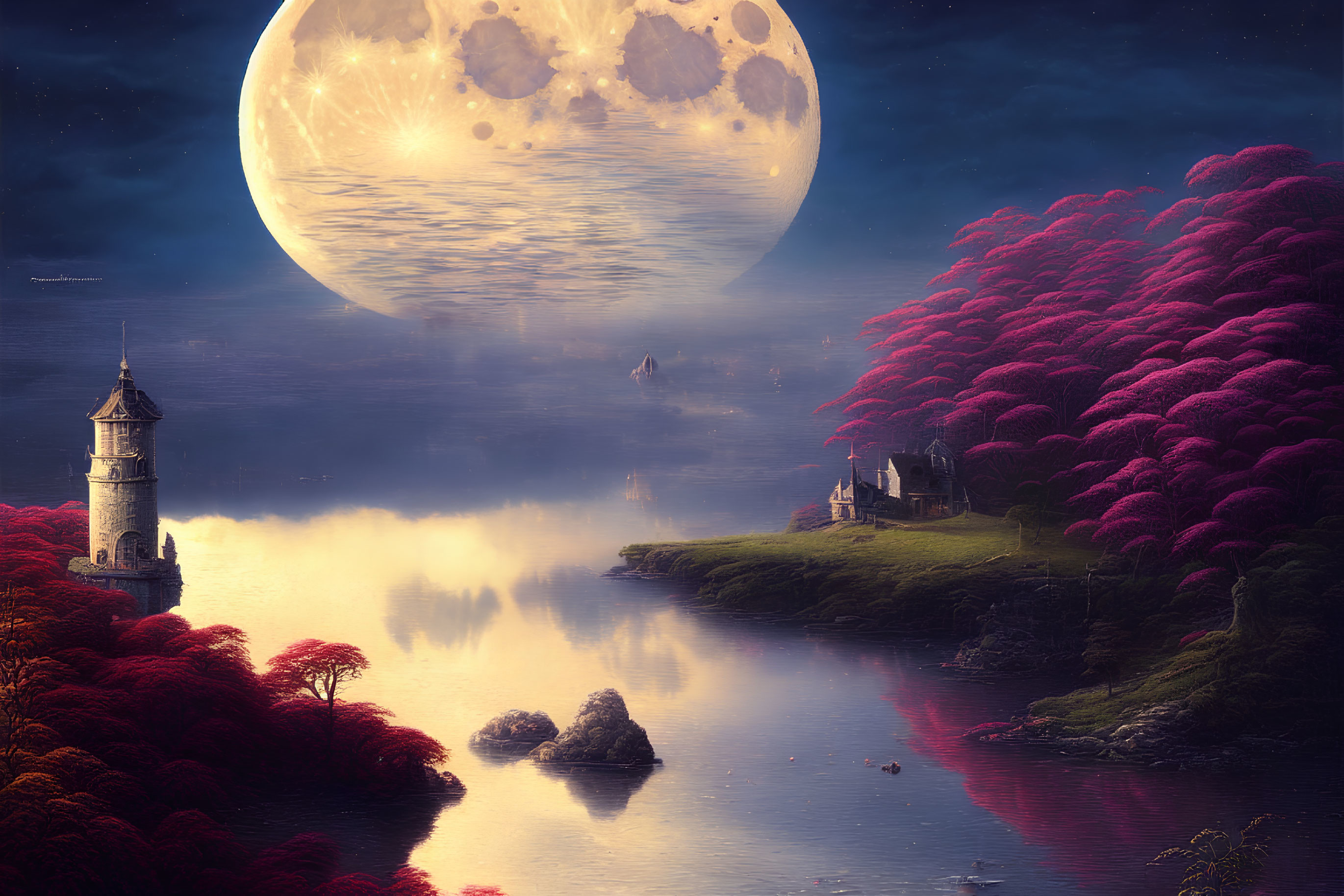 Luminous full moon over serene river, tower, magenta foliage, quaint house, starry