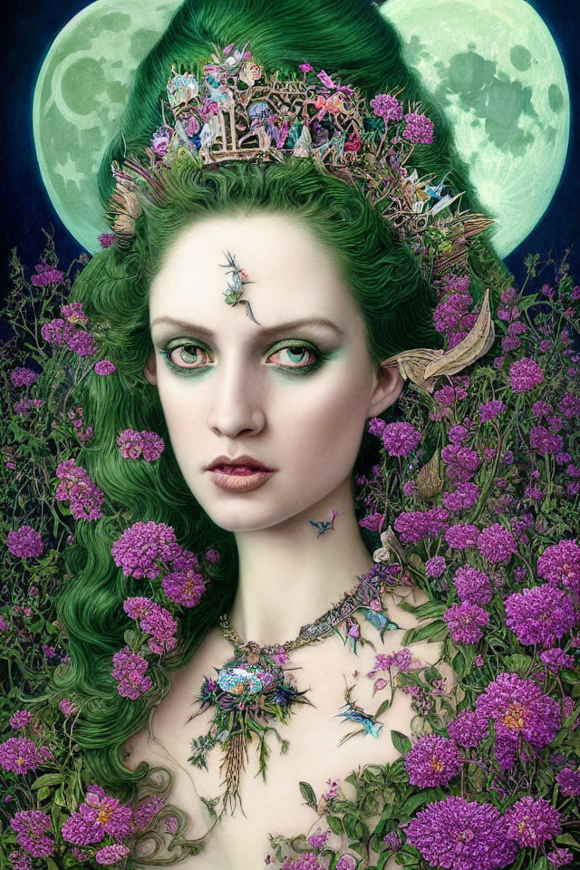 Fantasy portrait of woman with green hair, crown of buildings, purple flowers, moon backdrop, and