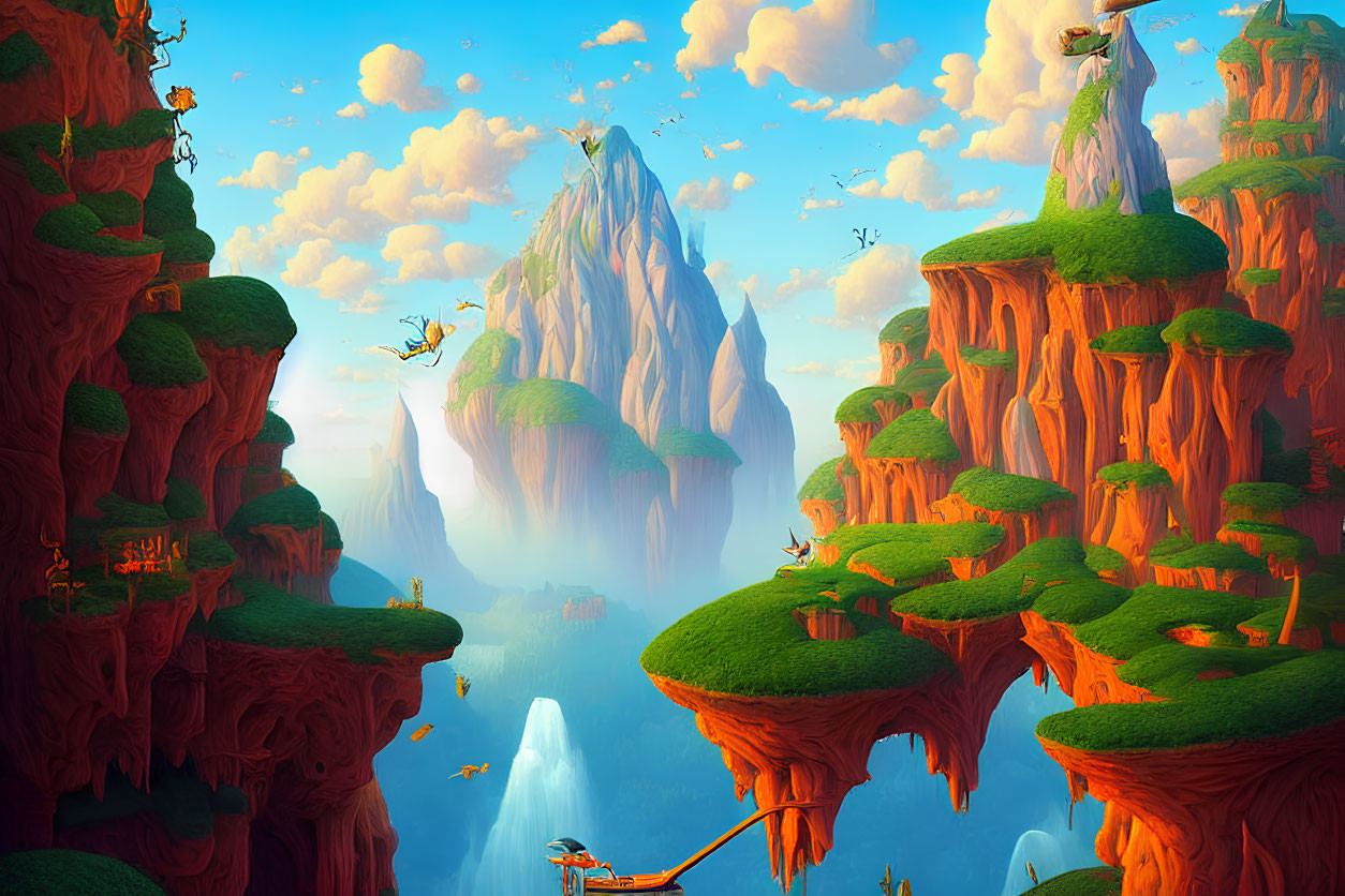 Fantastical landscape with floating islands, mythical creatures, and lush greenery