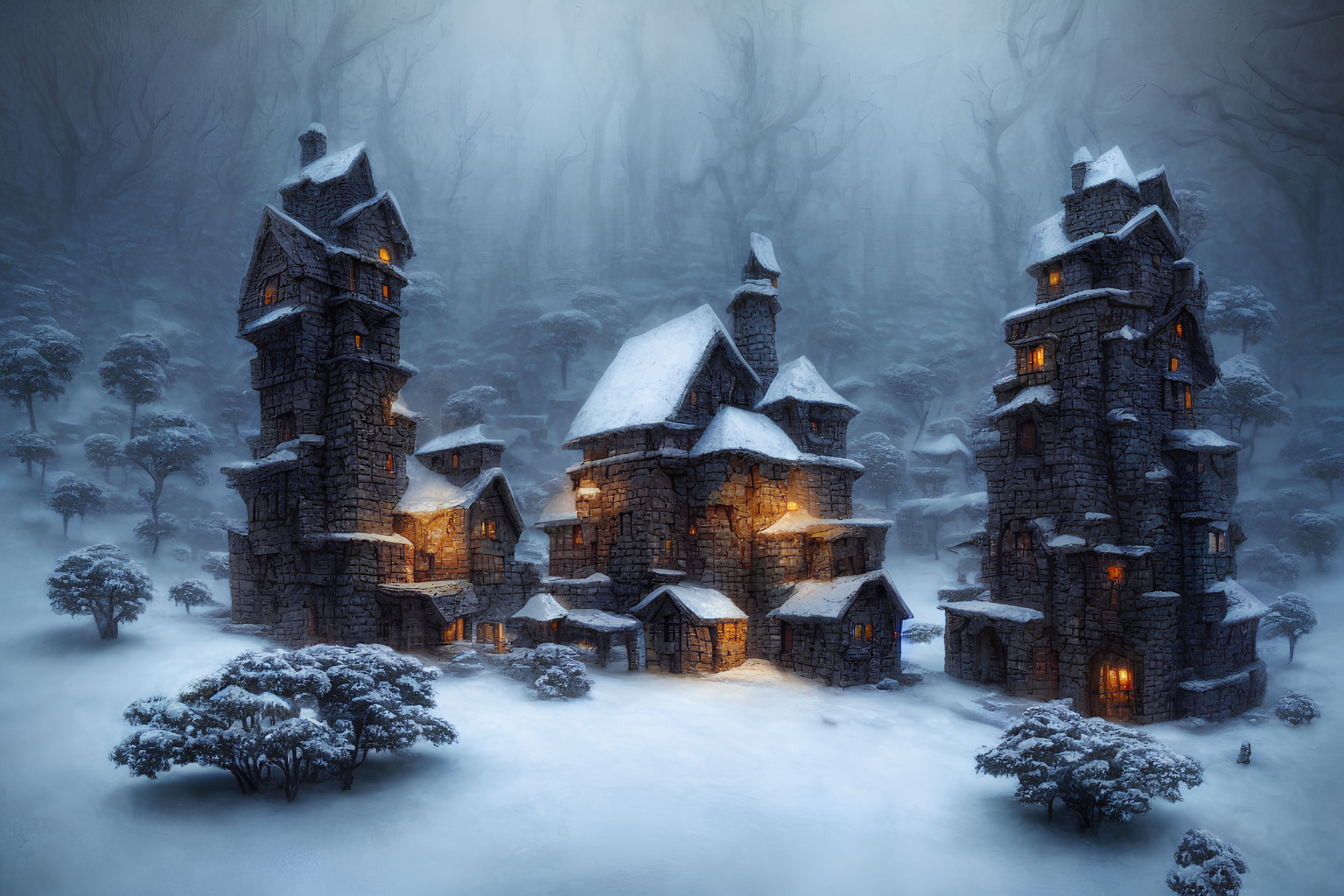 Mystical Stone Houses in Snowy Forest with Glowing Windows