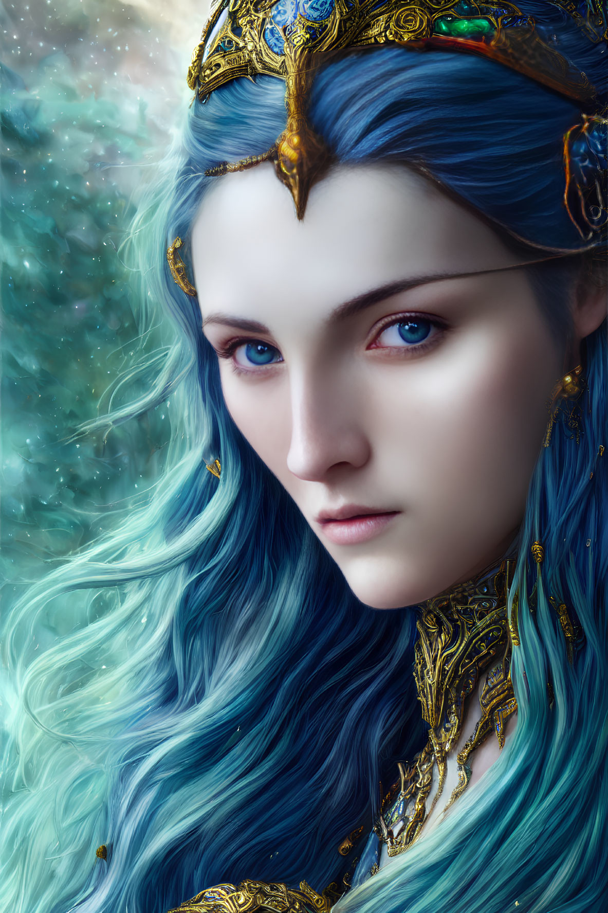 Ethereal digital portrait of female figure with blue hair and golden headwear